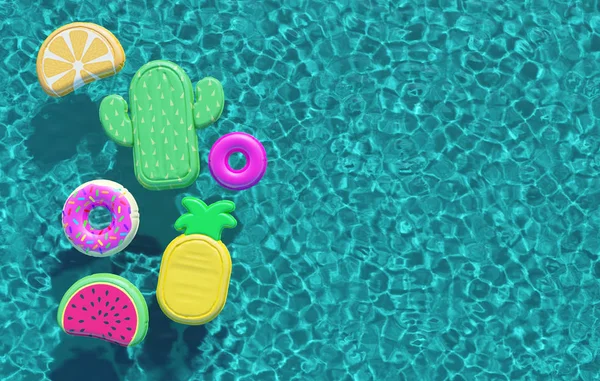 Piscina de verano llena de divertidos flotadores de piscina. Vista aérea. Renderizado 3D —  Fotos de Stock
