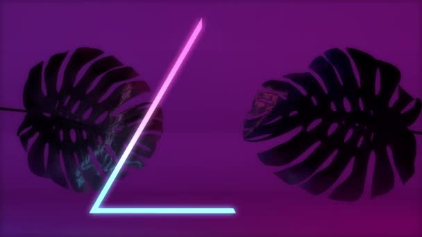 Світле неонове світло з тропічним листом монстрів. 3D рендеринг — стокове відео