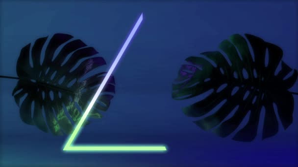 Glowing neon light with tropical monstera leaf. 3D Render — Stock Video