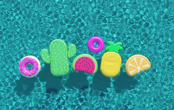 Summer swimming pool full of fun pool floats. Overhead view. 3D Rendering — Stock Photo, Image