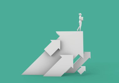 Beyaz bir okun üzerinde duran iş adamı. İş büyüme ve de