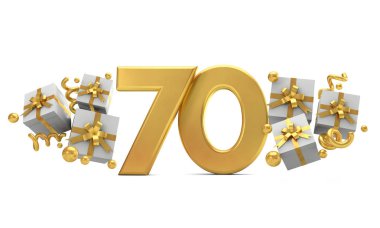 Hediye kutuları ile 70 numara altın doğum günü kutlama numarası. 3d R