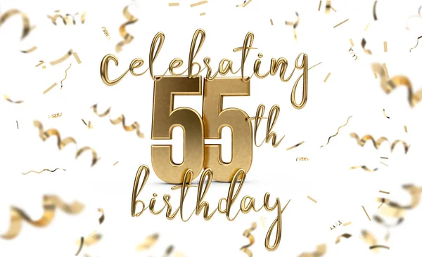 Celebrating 55th birthday gold greeting card with confetti. 3D R