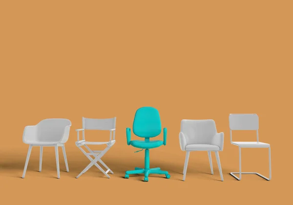 Μια σειρά από καρέκλες με ένα περίεργο έξω. Ευκαιρία για δουλειά. Business Le — Φωτογραφία Αρχείου