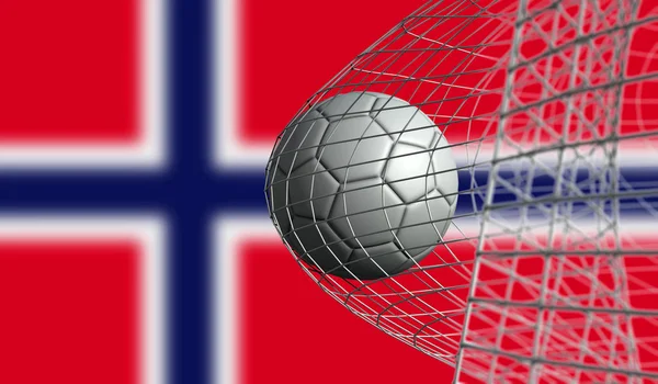 Bola de futebol marca um gol em uma rede contra a bandeira da Noruega. 3D Rende — Fotografia de Stock