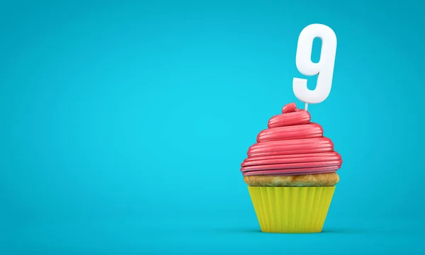 Numer 9 urodziny celebracja Cupcake. Renderowanie 3D — Zdjęcie stockowe