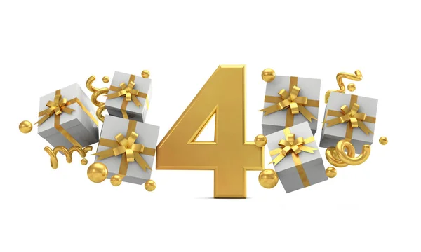 Número 4 número de celebração de aniversário de ouro com caixas de presente. 3D Re — Fotografia de Stock