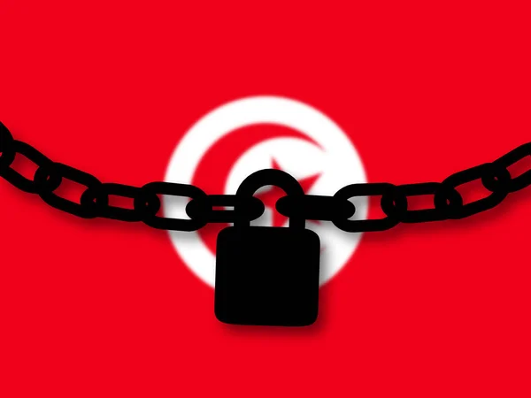 Tunisia security. Silhouette of a chain and padlock over nationa — Stock Photo, Image