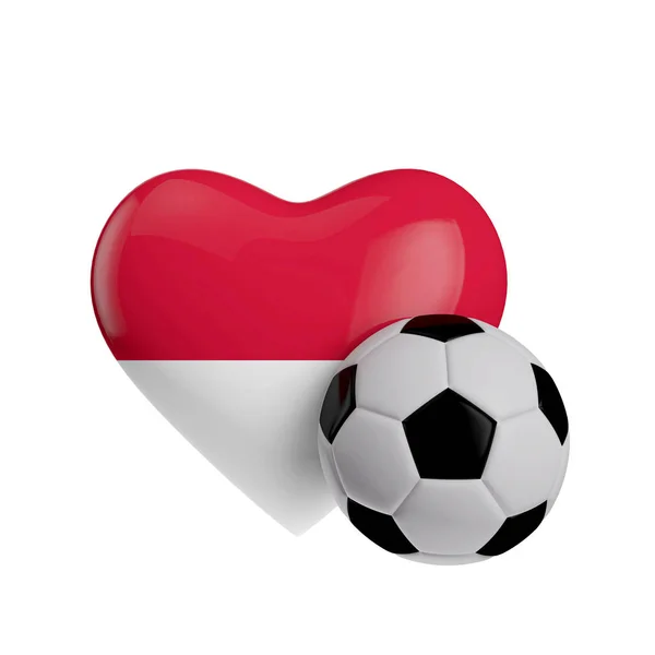 Indonezja flaga kształt serca z piłką nożną. Kocham piłkę nożną. 3d — Zdjęcie stockowe
