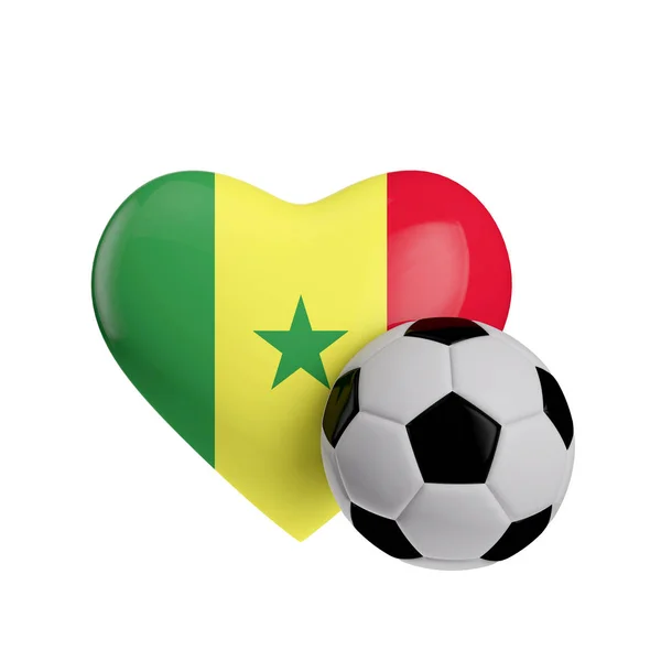 Drapeau sénégalais en forme de coeur avec un ballon de football. J'adore le football. 3D R — Photo