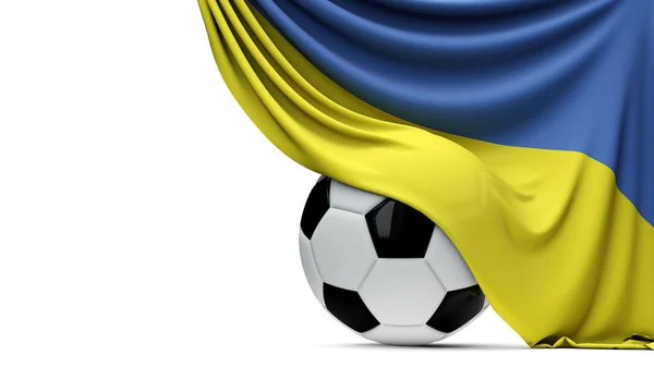 Національний прапор України задрапірований м'ячем футбольного футболу. 3D Рен — стокове фото