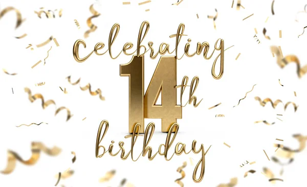 Celebrando 14 cumpleaños tarjeta de felicitación de oro con confeti. 3D R — Foto de Stock