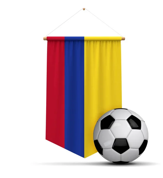 Kolombiya bayrak bezi futbol topu ile afiş asılı. 3d Renderin — Stok fotoğraf
