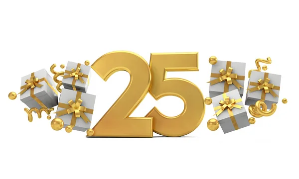 Číslo 25 narozeniny zlata s dárkovým políčkem. 3D R — Stock fotografie