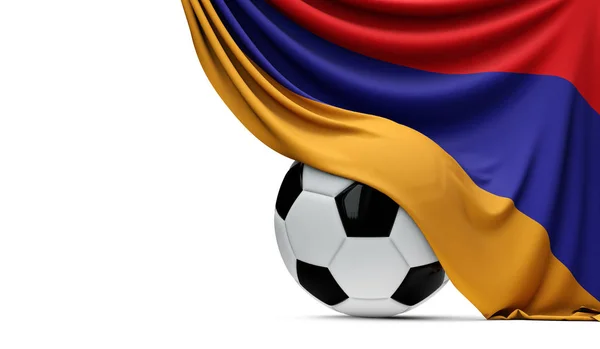 Armenia national flag draped over a soccer football ball. 3D Ren — Stock Photo, Image