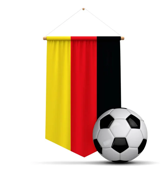 Bannière suspendue en tissu drapeau d'Allemagne avec ballon de football. Rendu 3D — Photo