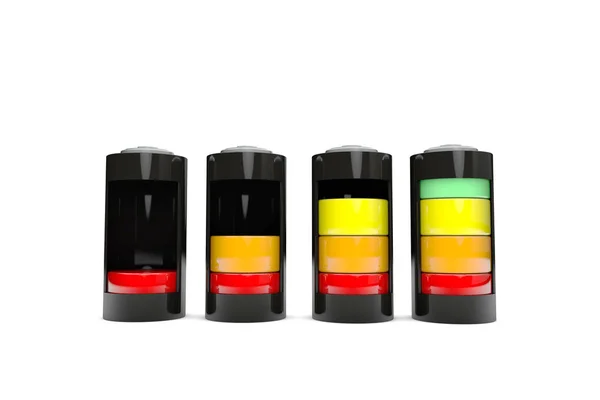Batterij opladen met gekleurde indicator. 3D-rendering — Stockfoto