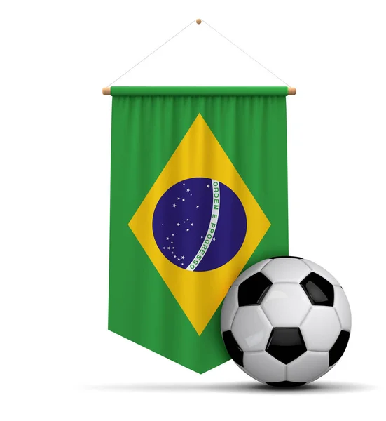 Brazilië vlag doek opknoping banner met Soccer Ball. 3D-rendering — Stockfoto