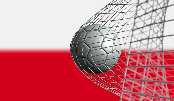 A bola de futebol marca um gol em uma rede contra a bandeira da Polônia. 3D Rende — Fotografia de Stock