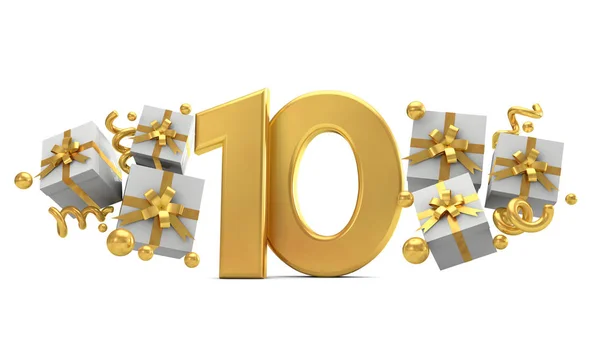 Number 10 gold birthday celebration number with gift boxes. 3D R — Stock Photo, Image