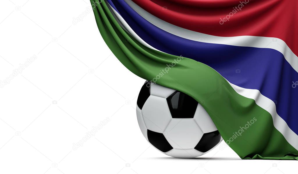 Gambia national flag draped over a soccer football ball. 3D Rend