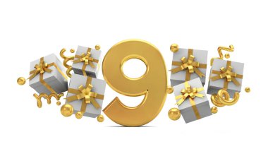 9 numaralı altın doğum günü kutlama numarası ve hediye kutuları. 3d Re