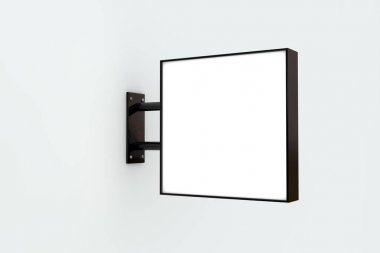 Boş beyaz şirket mağaza işareti bir duvarda alay. 3d Rendering