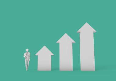 Beyaz bir okun üzerinde duran iş adamı. İş büyümesi ve d