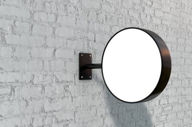 Boş beyaz şirket mağaza işareti bir duvarda alay. 3d Rendering