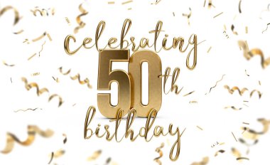 Konfeti ile 50 doğum günü altın tebrik kartı kutluyor. 3d R