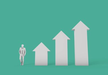 Beyaz bir okun üzerinde duran iş adamı. İş büyümesi ve d