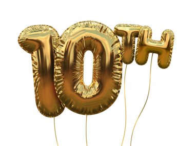 Altın sayısı 10 folyo doğum günü balonu beyaz izole. Altın p