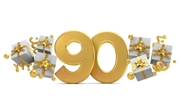 Αριθμός 90 χρυσός αριθμός εορτασμών γενεθλίων με κουτιά δώρων. 3D R — Φωτογραφία Αρχείου