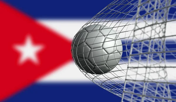 Bola de futebol marca um gol em uma rede contra a bandeira de Cuba. Renderi 3D — Fotografia de Stock