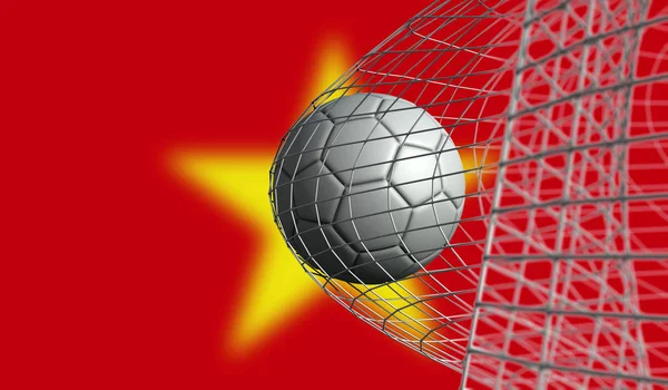 Soccer ball scores a goal in a net against Vietnam flag. 3D Rend