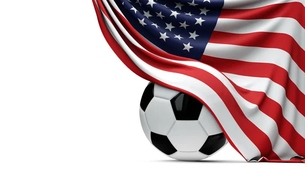 Über einem Fußballball hing eine US-Nationalflagge. 3D-Renderi — Stockfoto