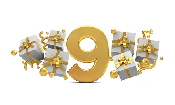 Numer 9 Złoty numer uroczystości urodzinowych z pudełka upominkowe. 3D re — Zdjęcie stockowe