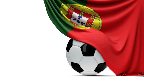 Die portugiesische Nationalflagge drapierte einen Fußballball. 3d re — Stockfoto