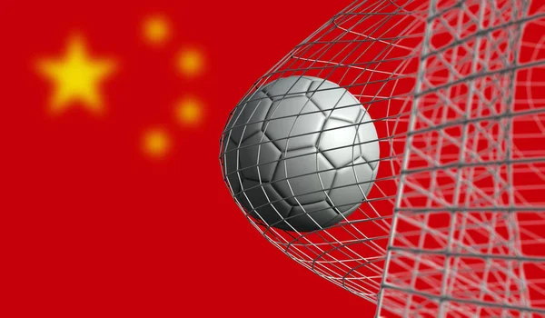 Futball-labda pontszámok a cél a nettó Kína ellen zászló. 3D-leképezés — Stock Fotó