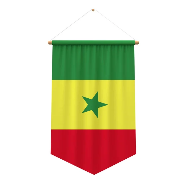 Das senegalesische Flaggentuch hängt an einem Banner. 3D-Darstellung — Stockfoto
