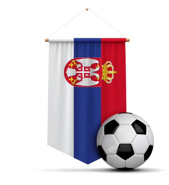 Servië vlag doek opknoping banner met Soccer Ball. 3D-rendering — Stockfoto