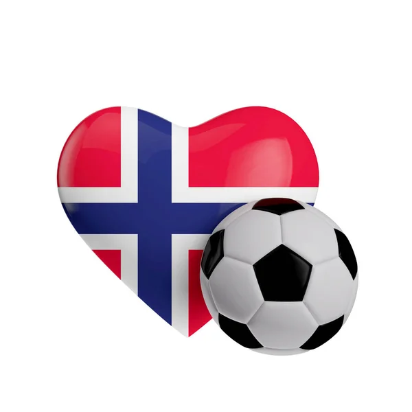 Forma de corazón bandera de Noruega con una pelota de fútbol. Me encanta el fútbol. 3D Re —  Fotos de Stock