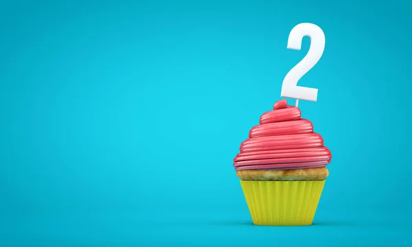 Numer 2 urodziny celebracja Cupcake. Renderowanie 3D — Zdjęcie stockowe