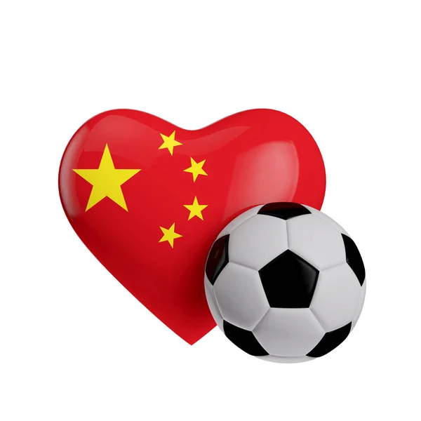 China Flagge Herzform mit einem Fußball. Liebe Fußball. 3d ren — Stockfoto