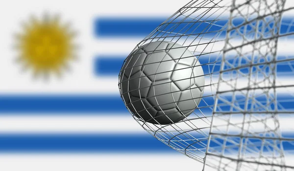 Futbol topu Uruguay bayrağı karşı bir net bir gol attı. 3d Rend — Stok fotoğraf