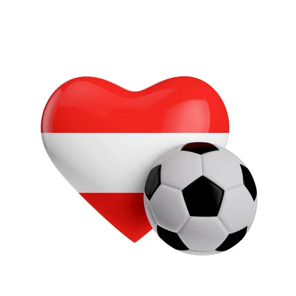 Austria bandera en forma de corazón con una pelota de fútbol. Me encanta el fútbol. 3D R — Foto de Stock