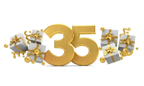 Nummer 35 guld födelsedagsfirande nummer med presentaskar. 3D R — Stockfoto