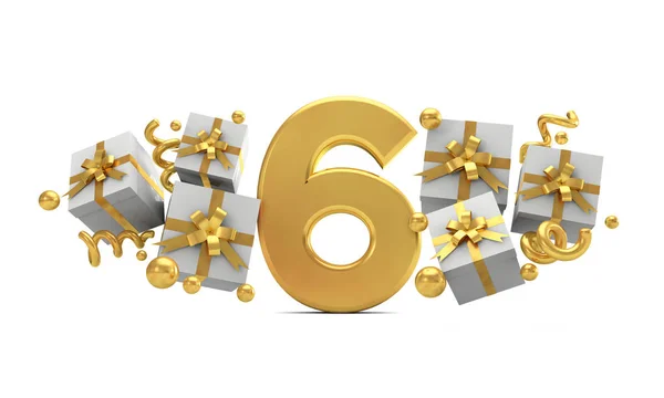 Numero 6 numero di festa di compleanno in oro con scatole regalo. Re 3D — Foto Stock