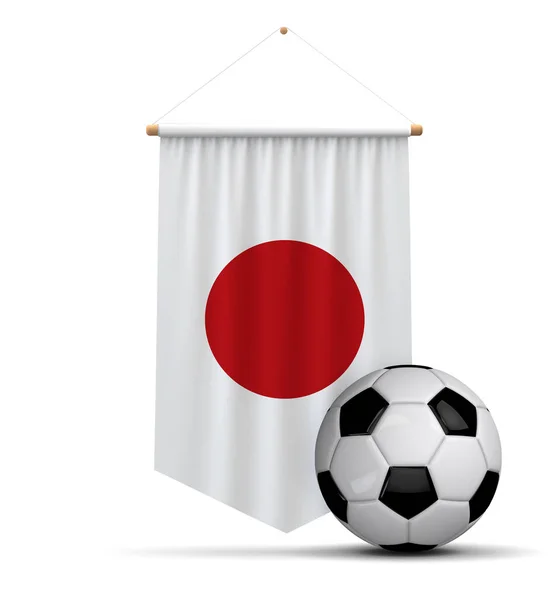 Pano de bandeira do Japão pendurado banner com bola de futebol. Renderização 3D — Fotografia de Stock