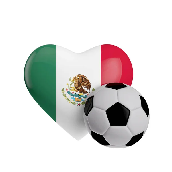 Мексиканский флаг в форме сердца с футбольным мячом. Люблю футбол. 3D Re — стоковое фото